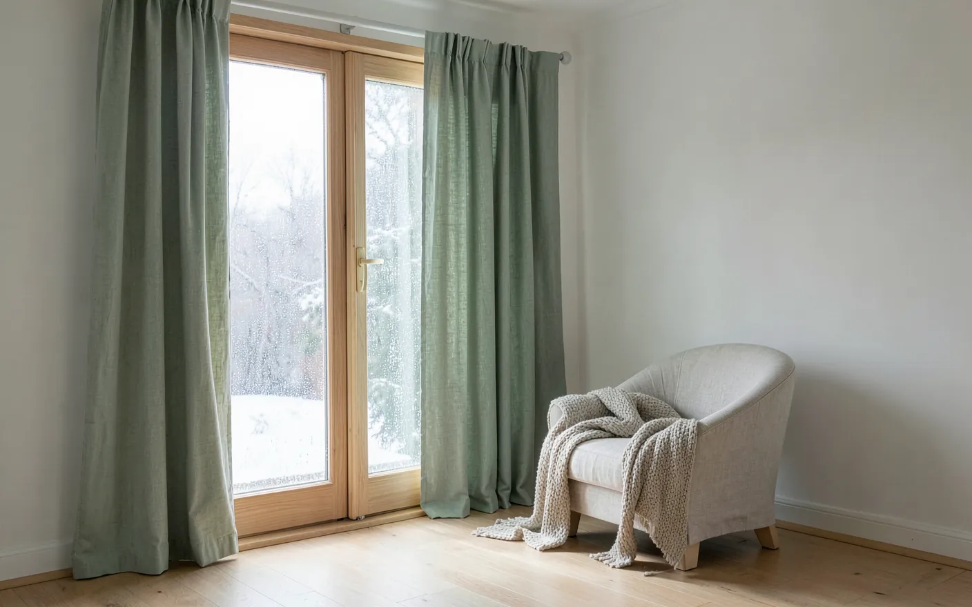 Ventana de madera clara con cortinas gruesas de lino gris verdoso medio corridas en un salón luminoso en invierno