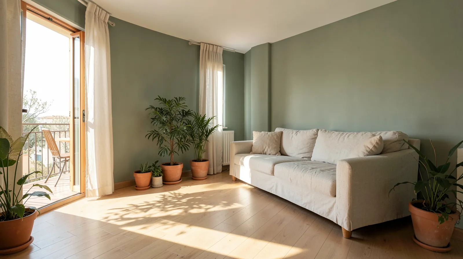 Salón luminoso con suelo de madera, paredes verde salvia y luz de tarde entrando por el balcón